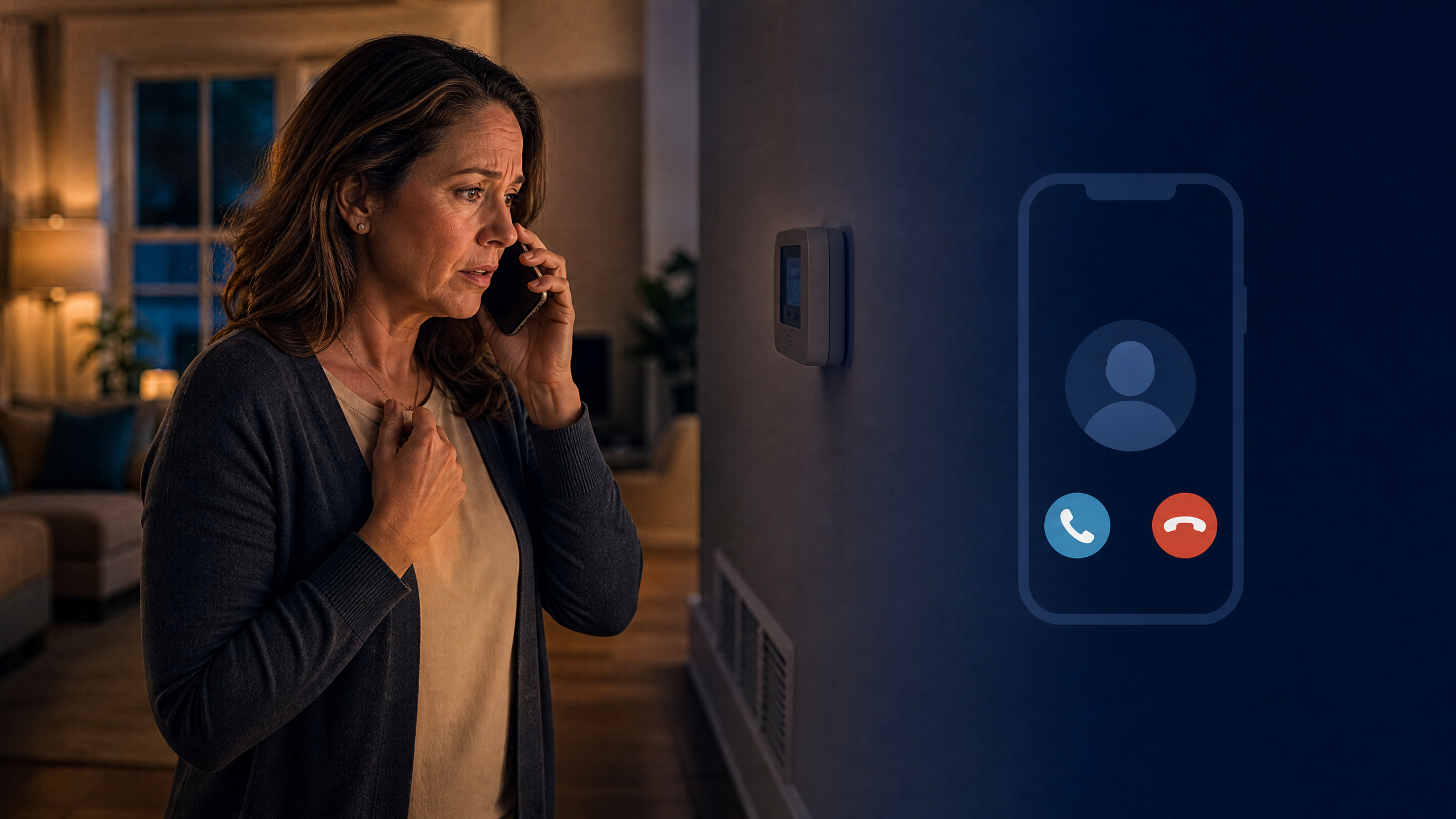 AI receptionist capturing an urgent HVAC service request from a homeowner during an evening call.