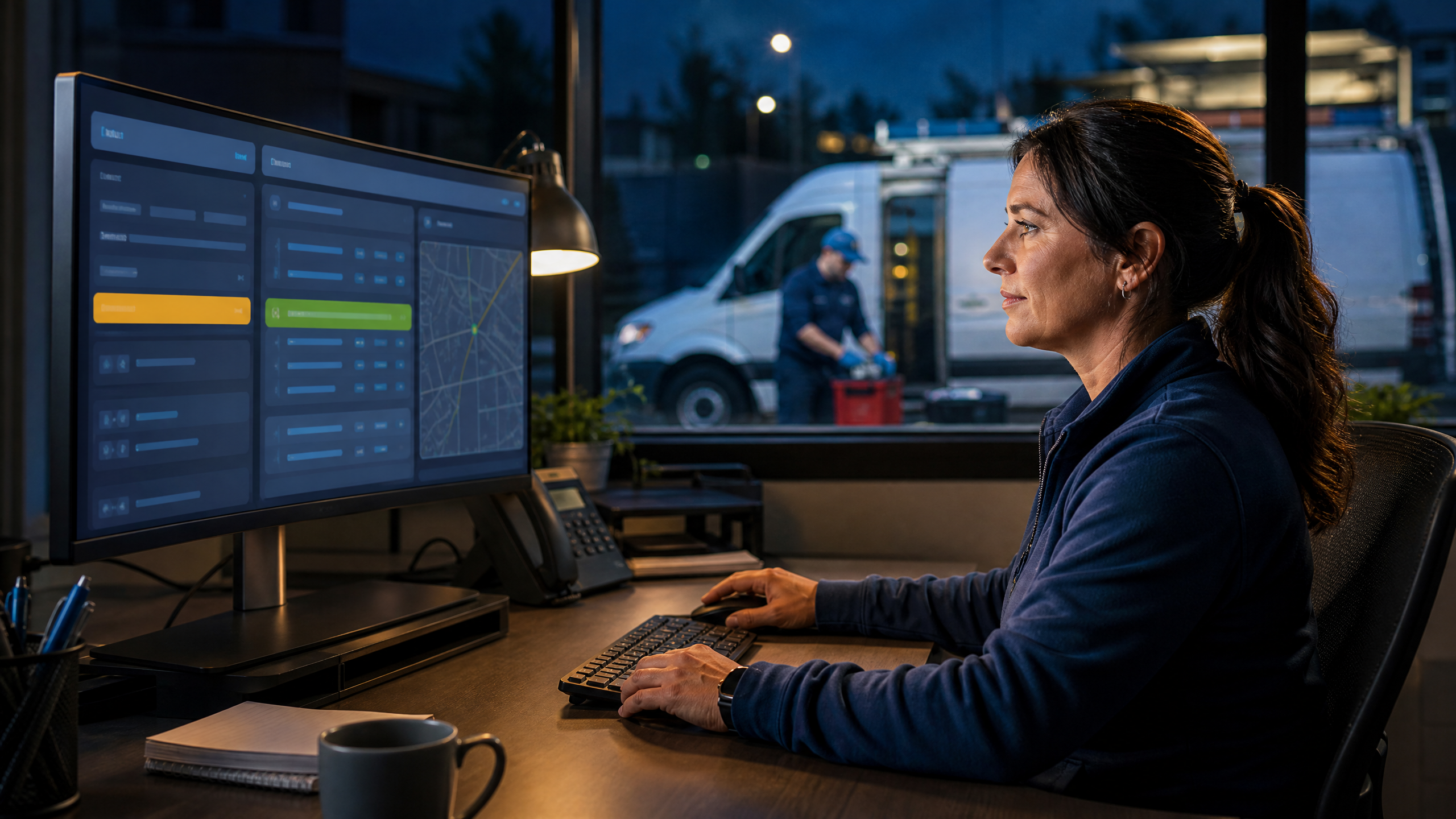 HVAC dispatcher using a CRM workspace to route an urgent repair request to the right technician.