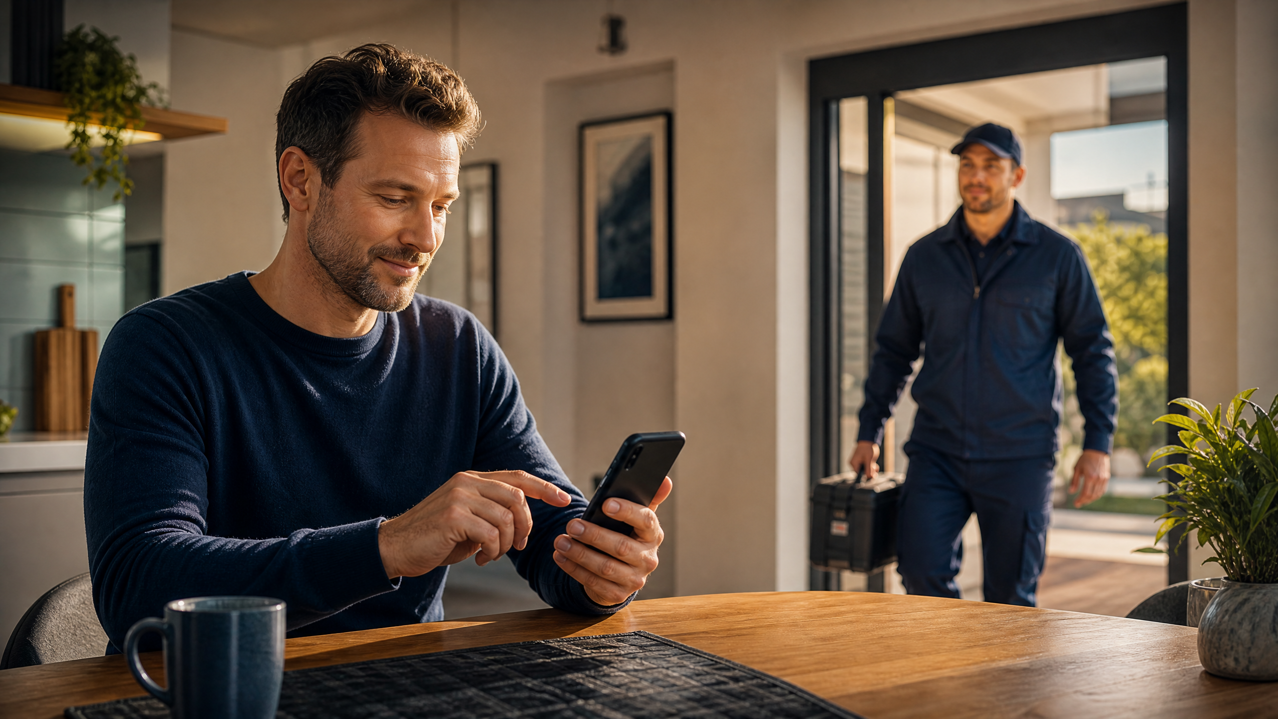 Homeowner booking an HVAC appointment online while a service professional prepares for the visit