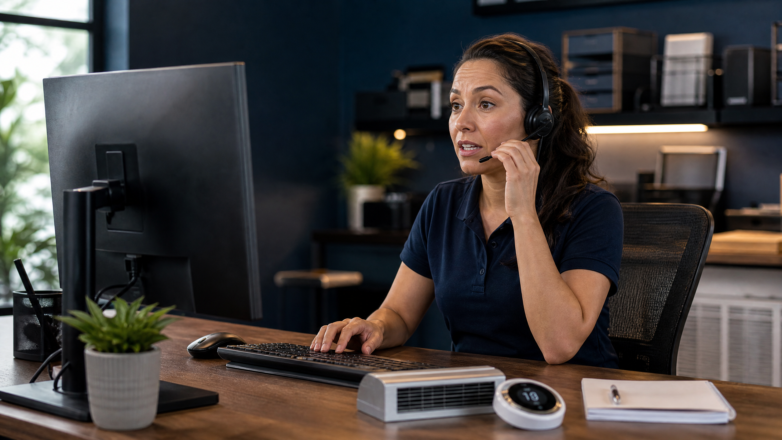 HVAC service coordinator using MOLA AI Front Desk to respond to a customer call and schedule a technician