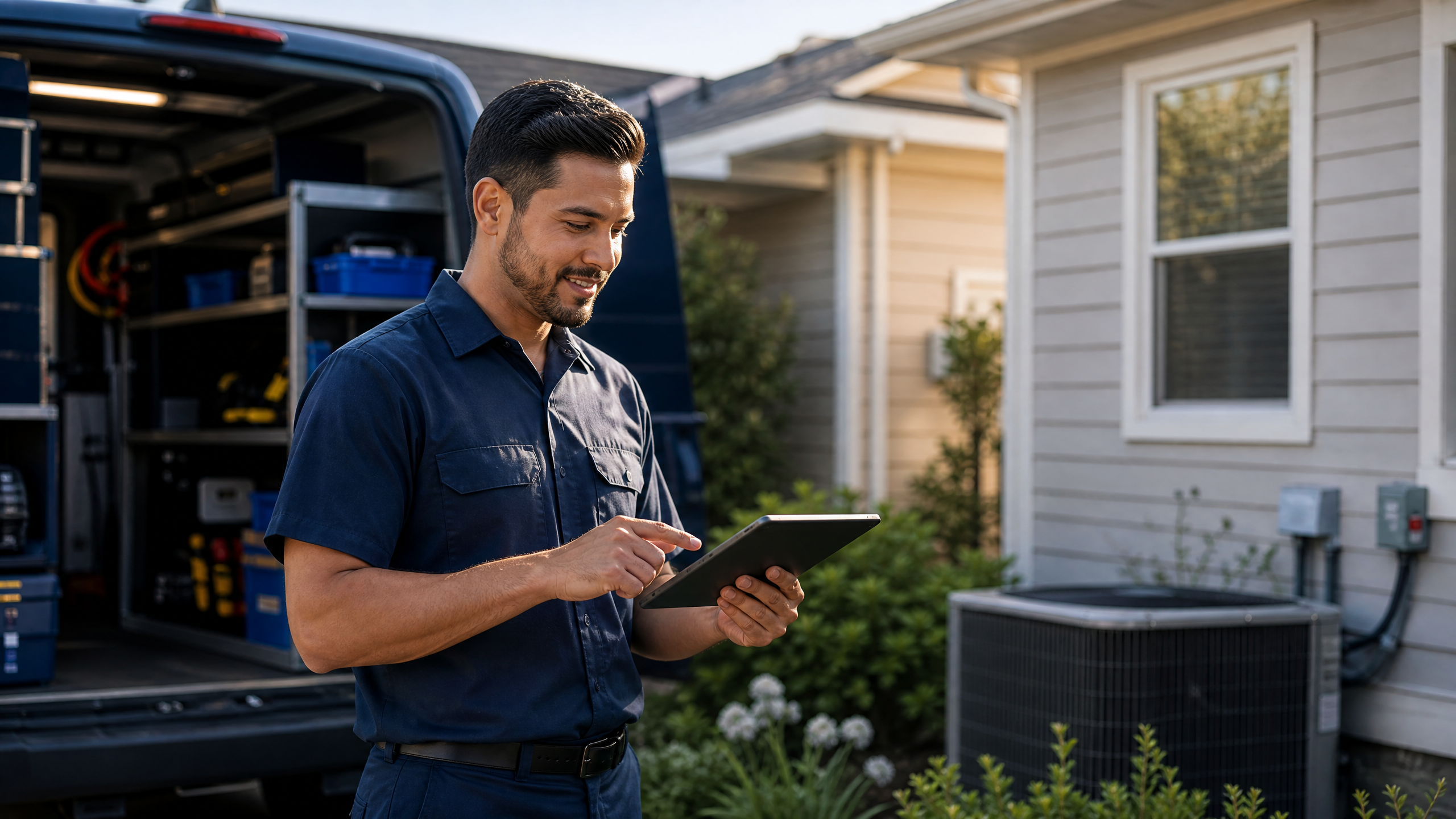 HVAC technician reviewing a booked repair visit and customer details captured by MOLA CRM automation