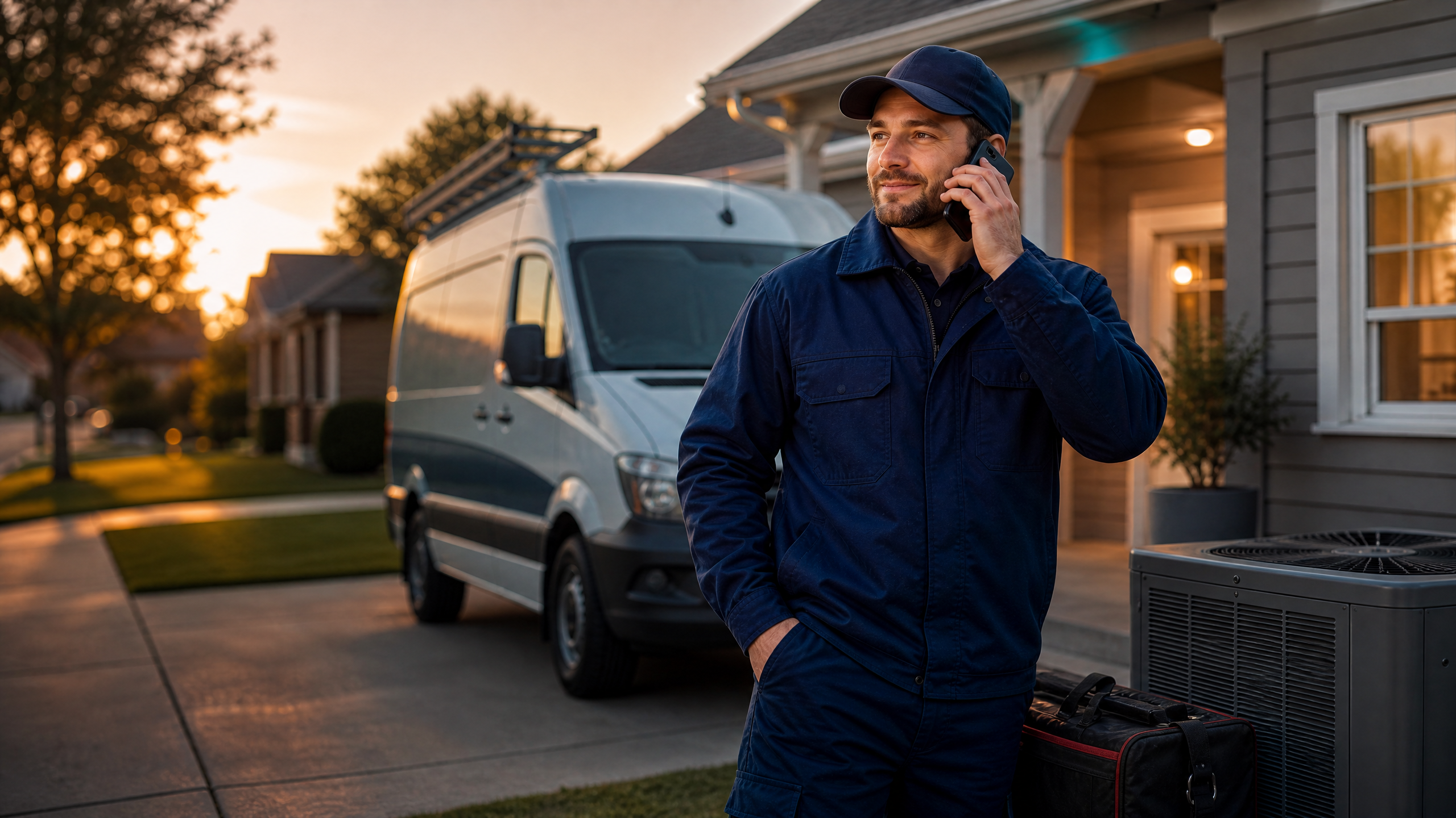 HVAC technician receiving a customer service call beside a residential service van
