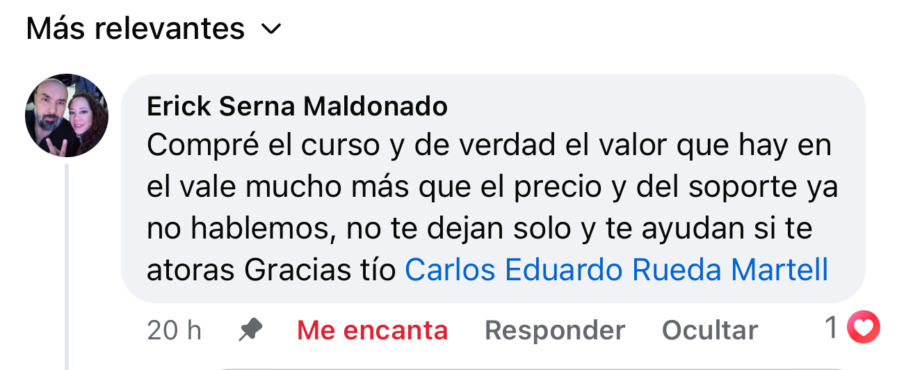 Testimonio de @memo.emprende: 100% recomendado, su valor esta muy por encima de su costo, vale cada centavo