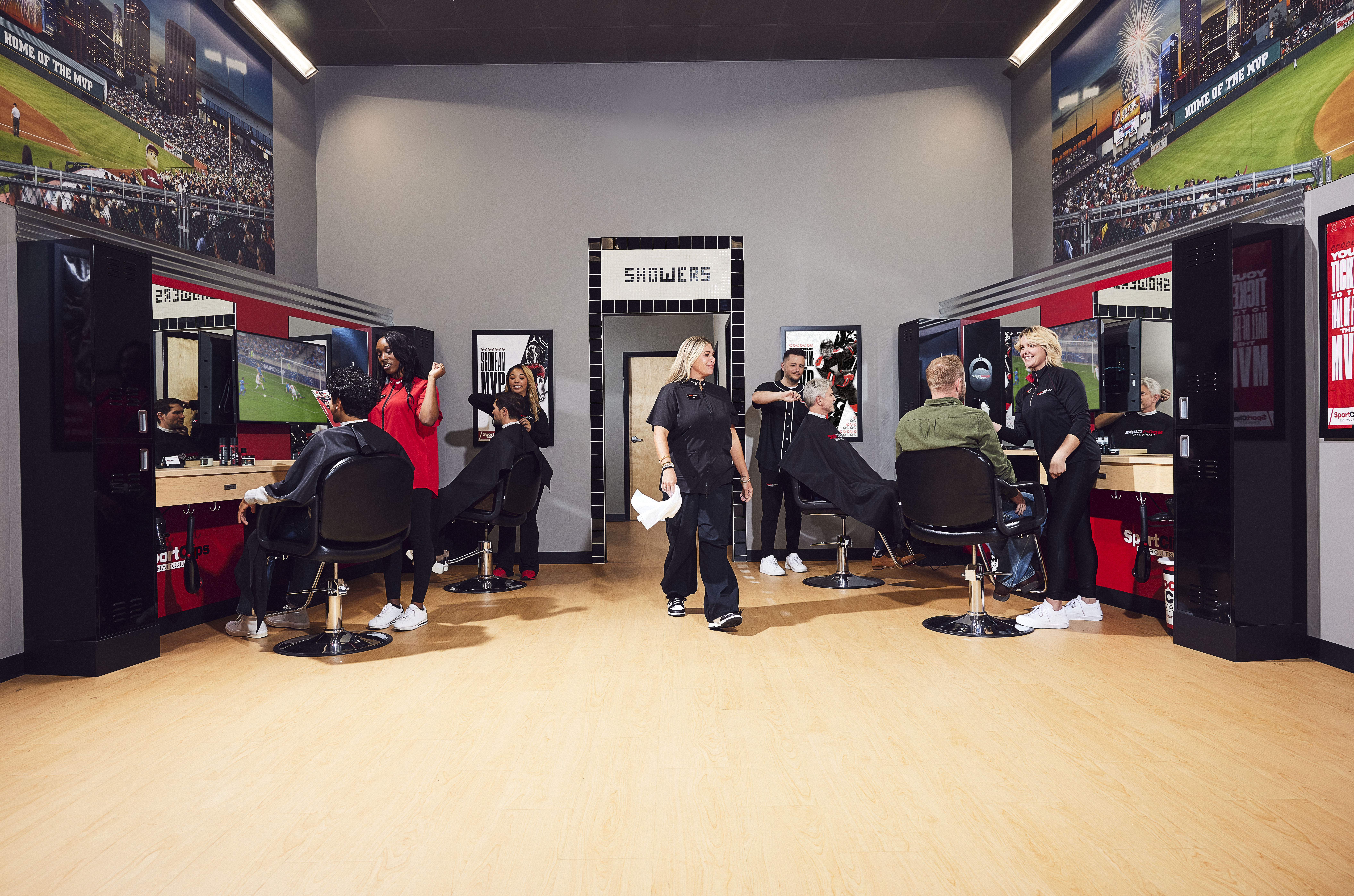 Sport Clips stadium-themed barbershop interior