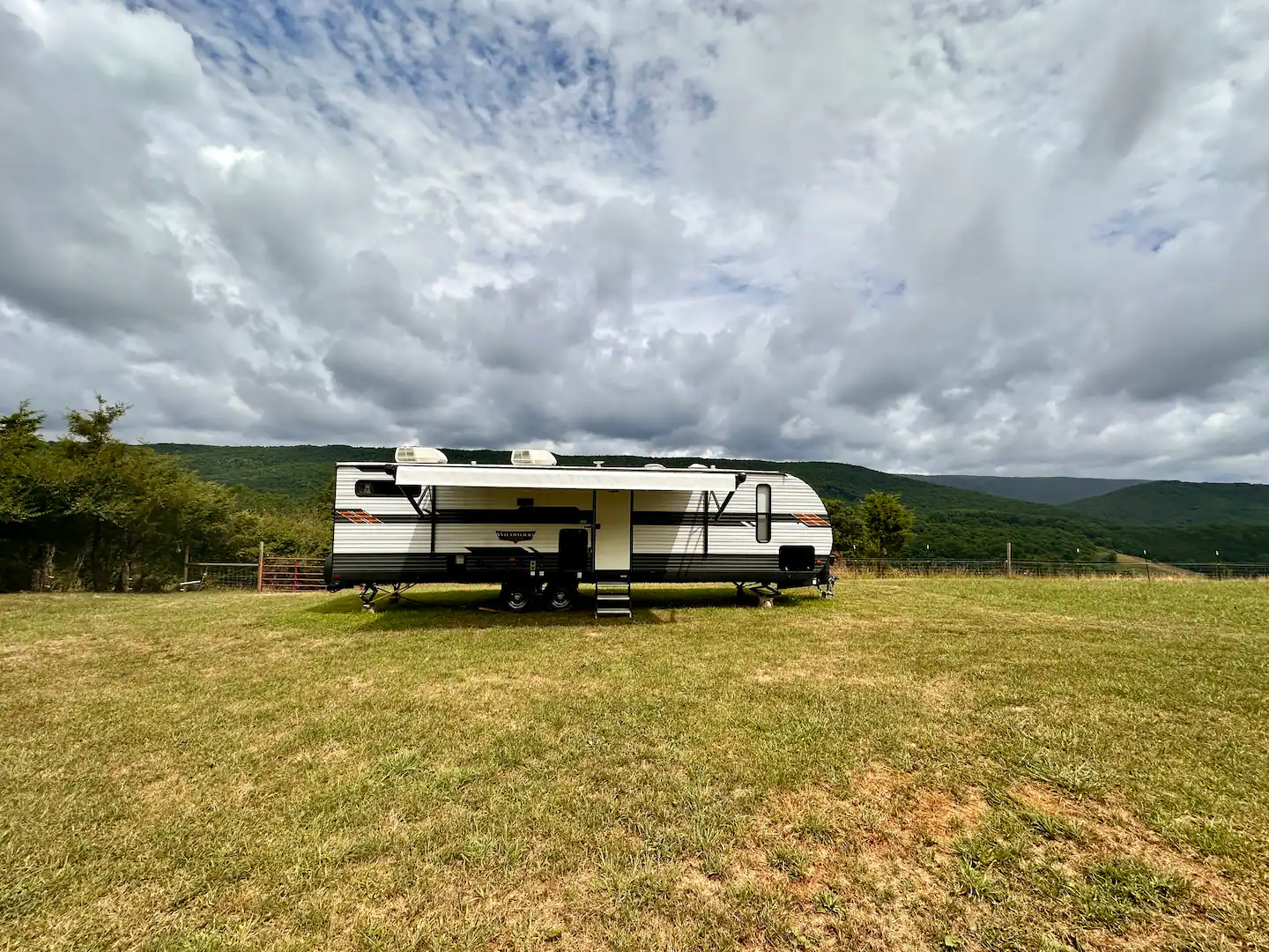 Cozy family-friendly scenic camper setup at Pride's Mountain farm stay in Virginia