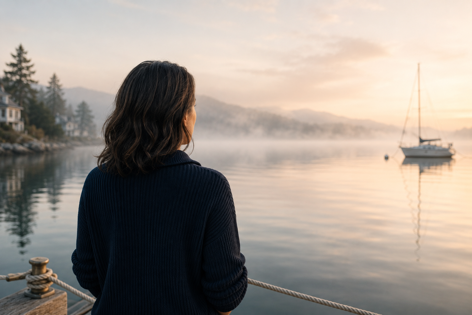 A woman at the water's edge in morning fog, a sailboat moored in the distance