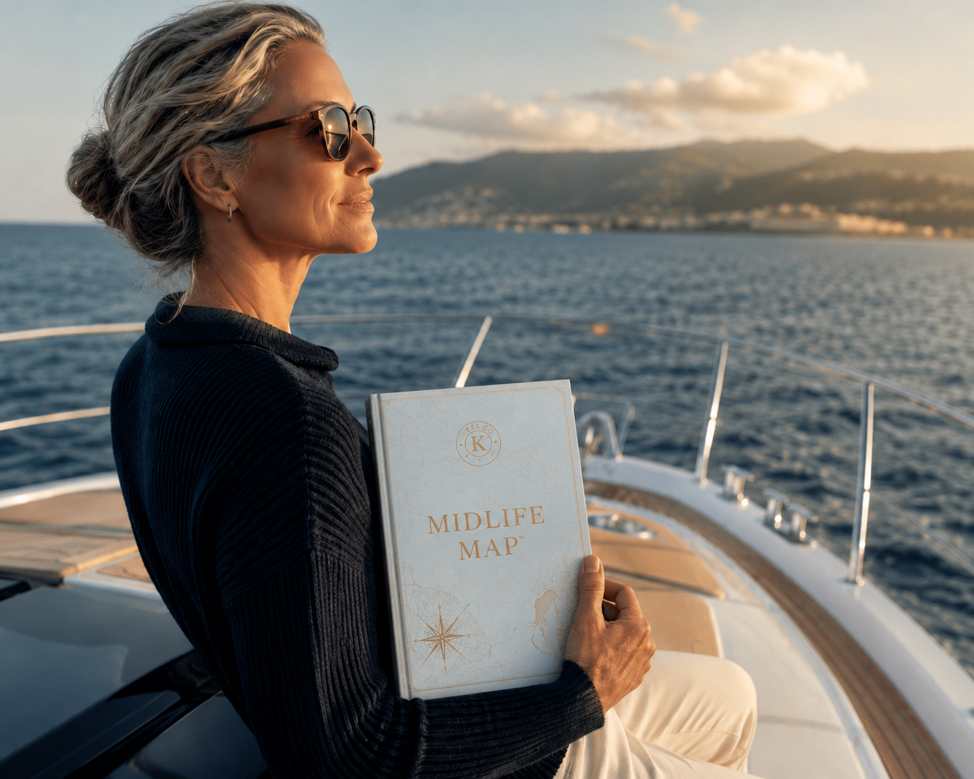 A woman at the bow of a boat at golden hour, holding her Midlife Map and looking toward the horizon