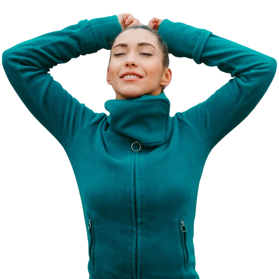 A woman with her eyes closed, smiling and stretching
