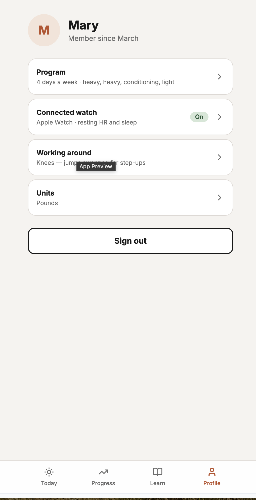 Second Strength app — profile screen