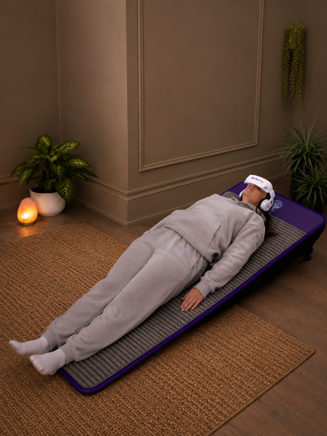 Woman relaxing on ALIGN Mat wearing BrainTap headset