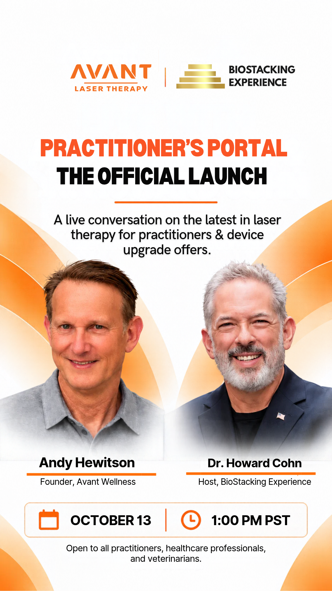 Promotional graphic for Inside Avant Lasers, a BioStacking Experience live event for healthcare practitioners with Dr. Howard Cohn and Andy Hewitson, Tuesday October 27 at 1:00 PM PT.