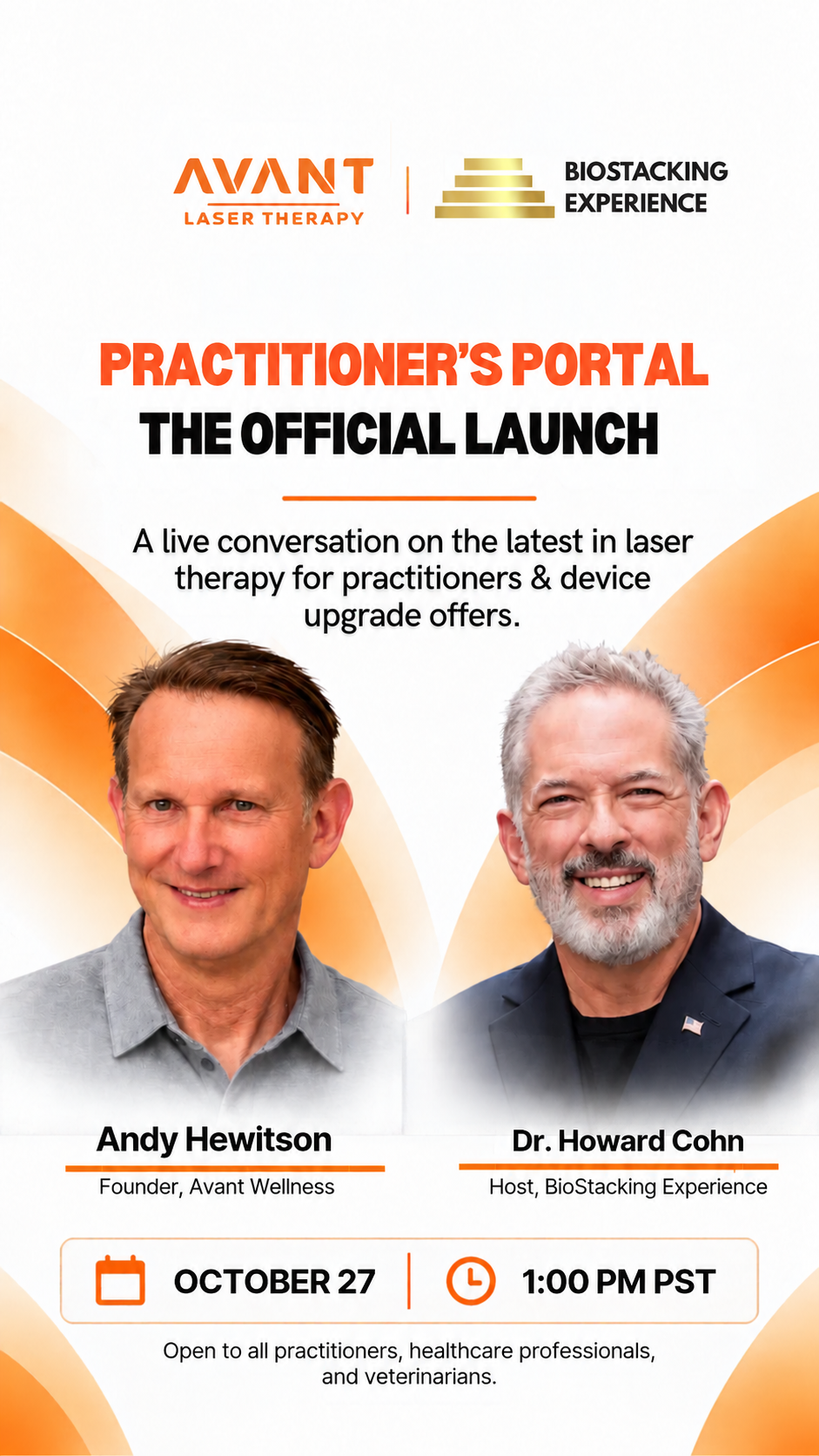 Promotional graphic for Inside Avant Lasers, a BioStacking Experience live event for healthcare practitioners with Dr. Howard Cohn and Andy Hewitson, Tuesday October 27 at 1:00 PM PT.