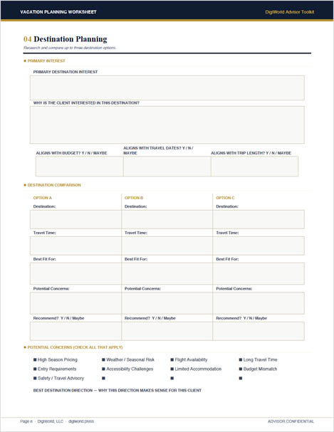 Travel Advisor Blueprint — destination planning form
