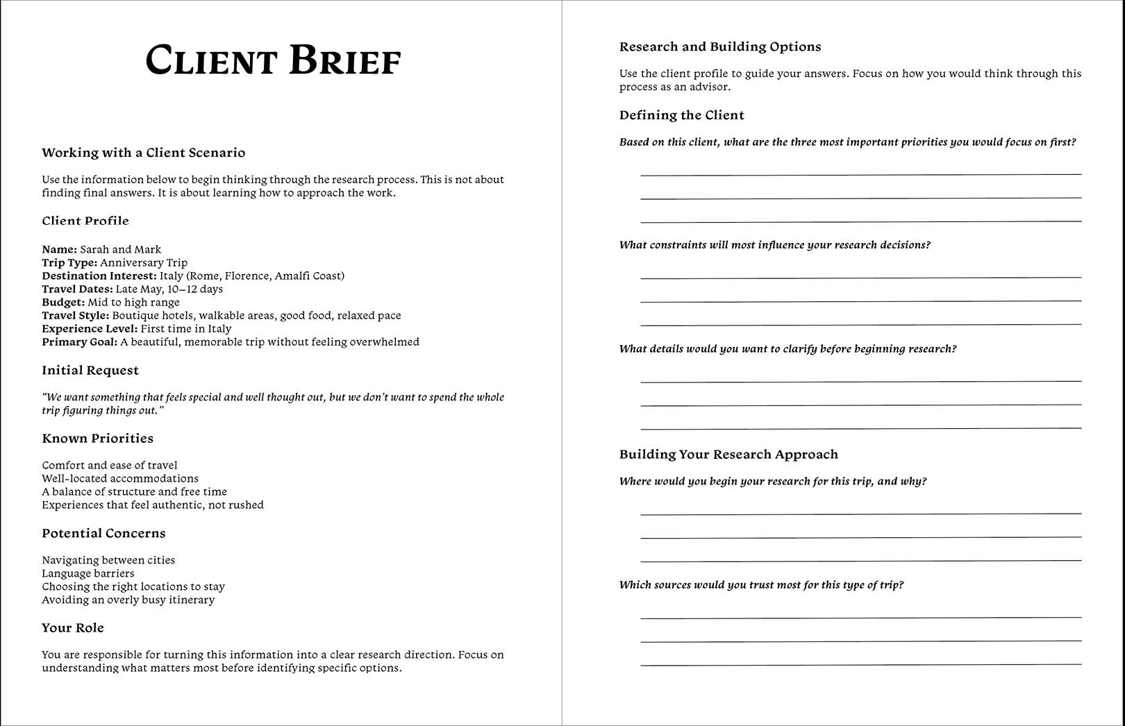 Travel Advisor Blueprint — client brief spread