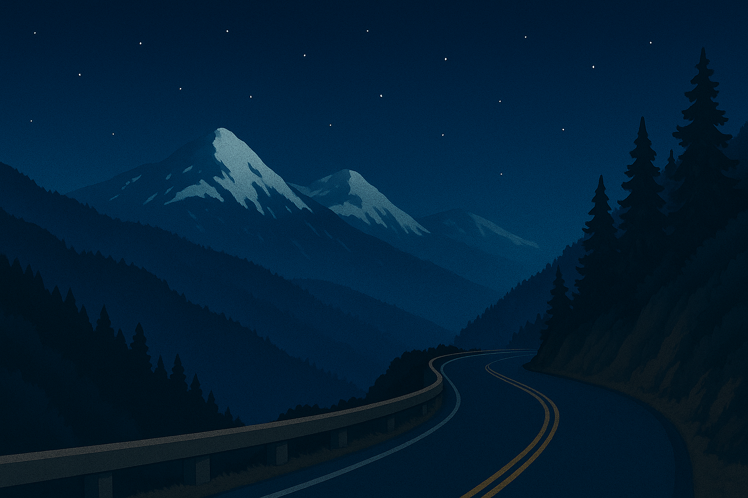 Night view of the Rim of the World Highway winding through the San Bernardino Mountains