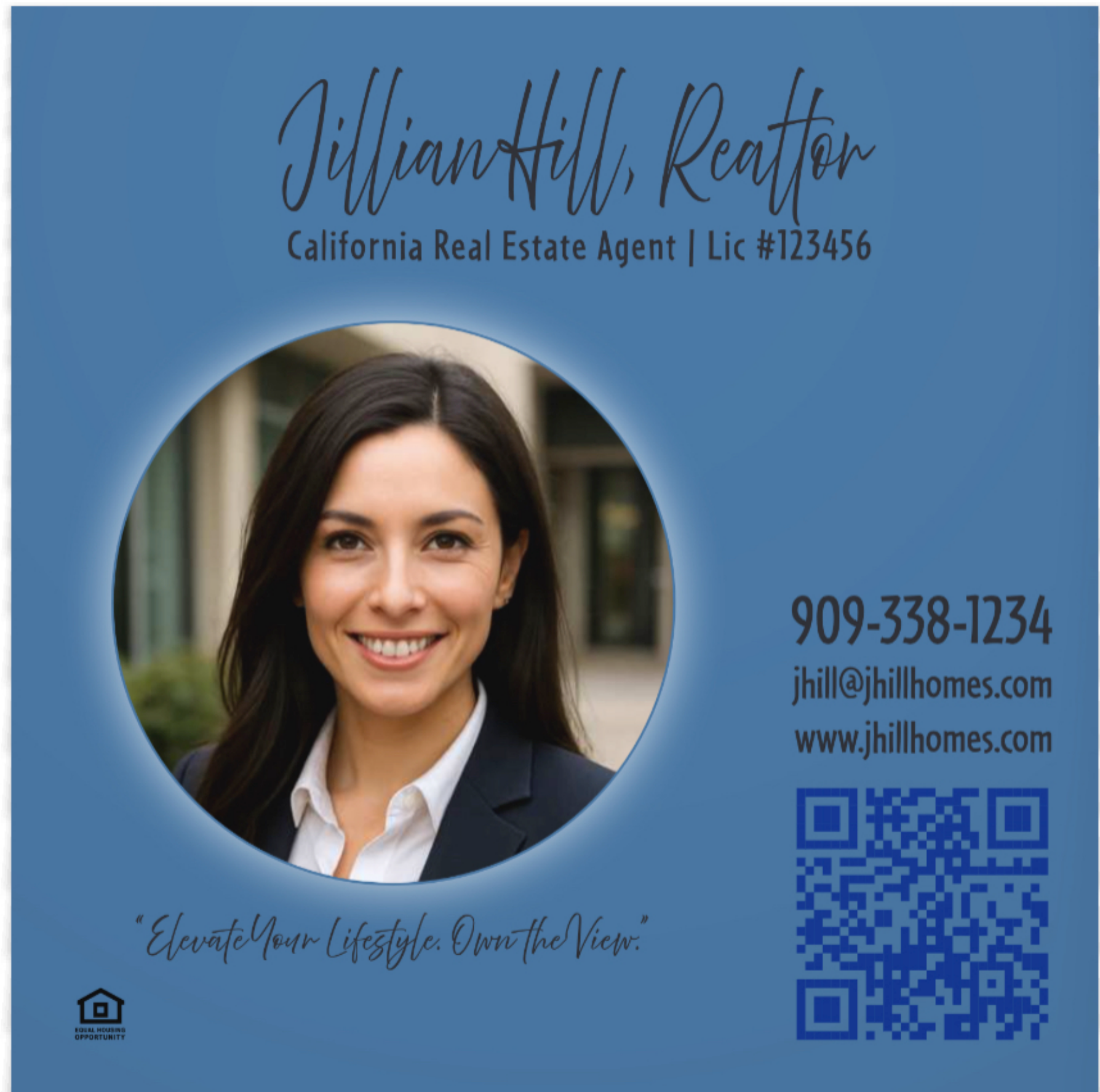 Sample branded back-cover ad for a real estate agent, including photo, contact details, and QR code