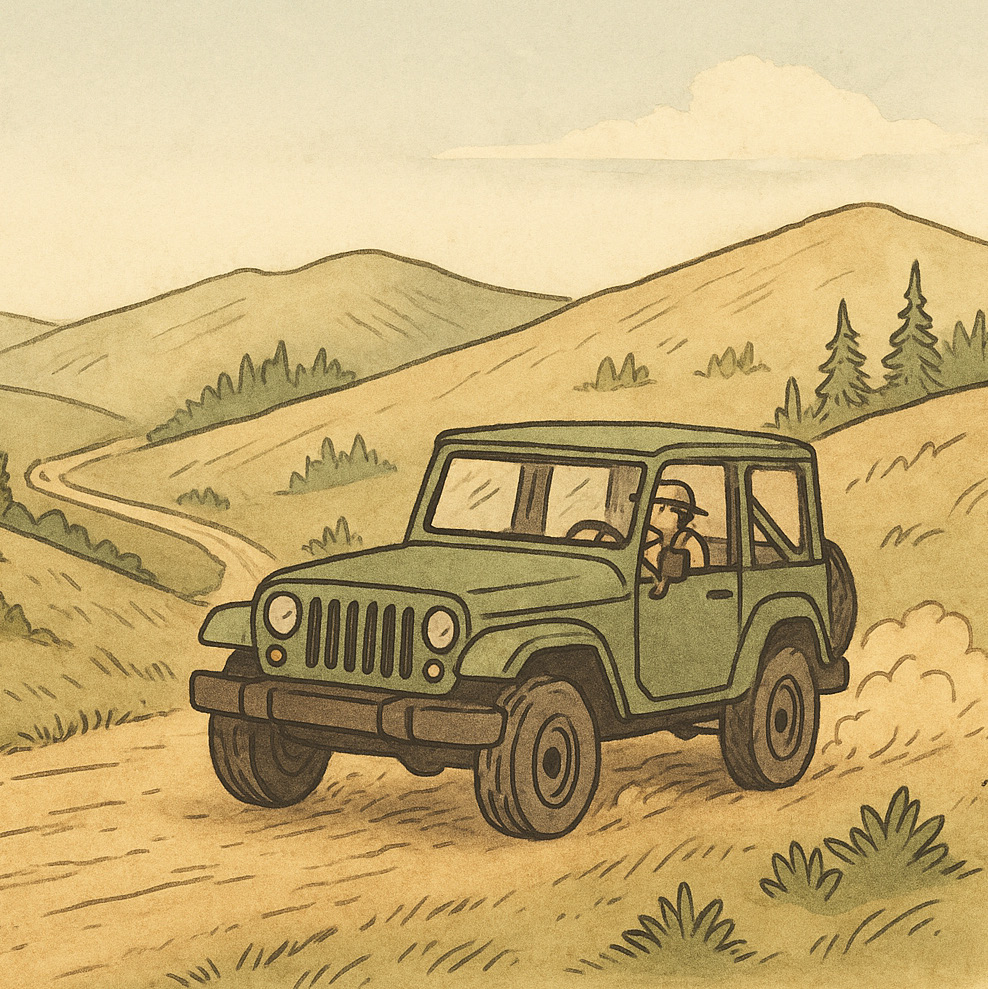 Illustration of a jeep on a mountain trail, from the Wander the Rim booklet