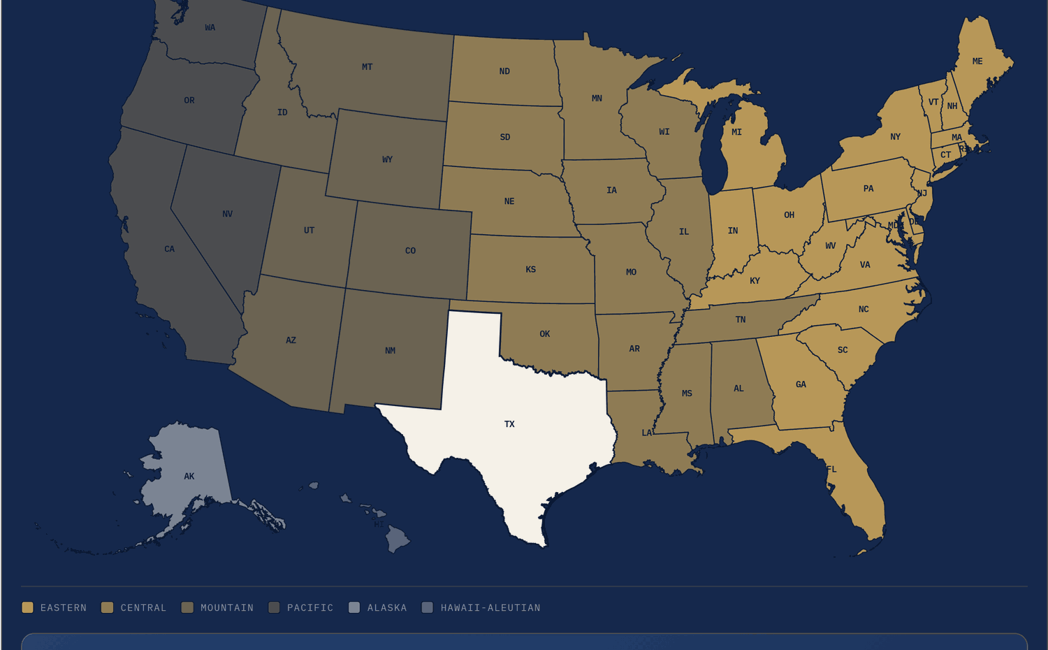 US Time Zone and Area Code Map showing zone shading and a selected state