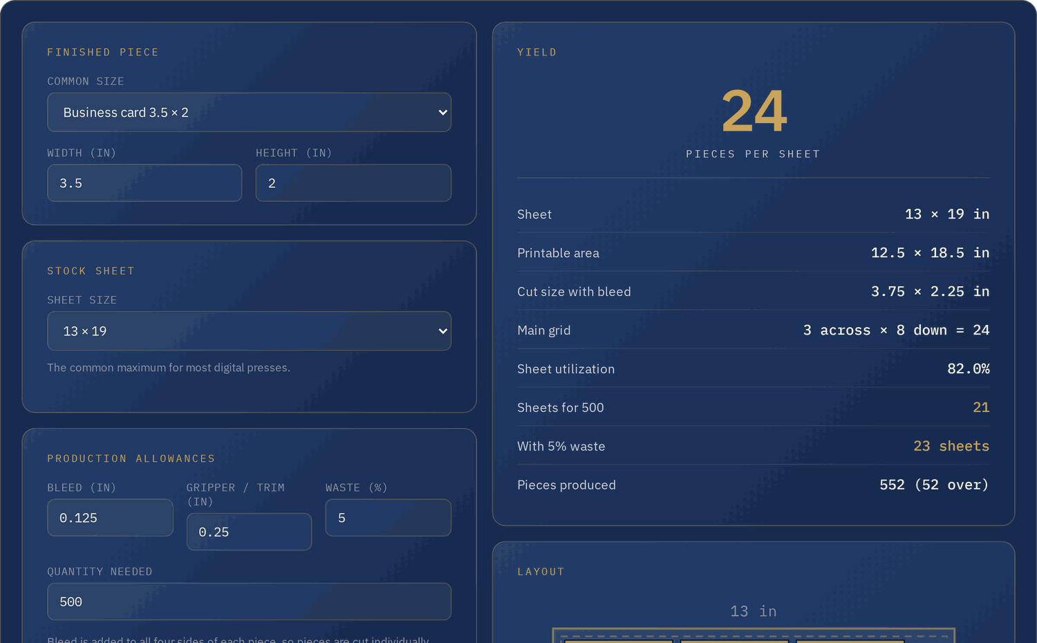Sheet Yield Calculator showing pieces per sheet and a scaled layout diagram