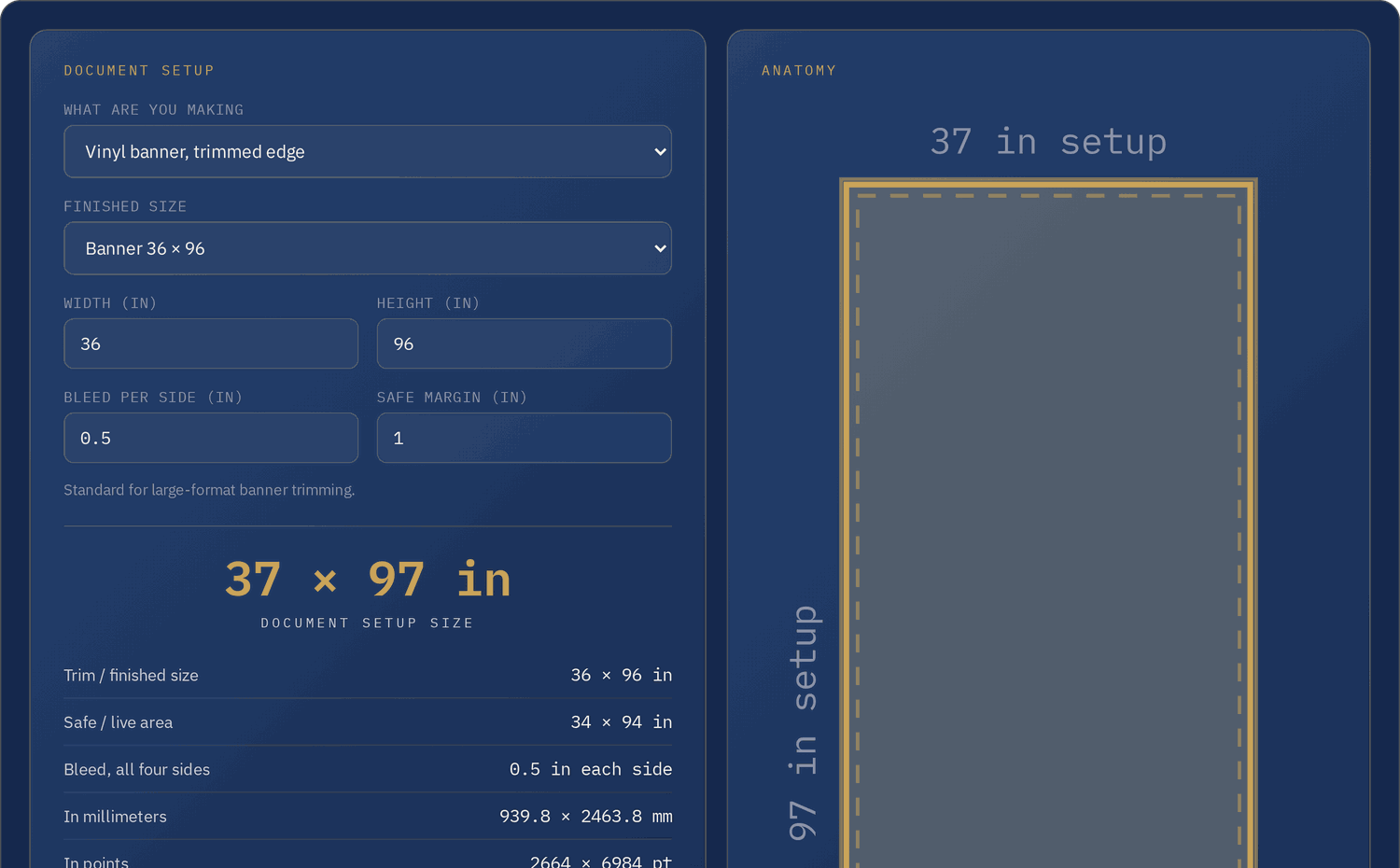 Bleed and Paper Size Reference tool showing document setup size and bleed anatomy diagram