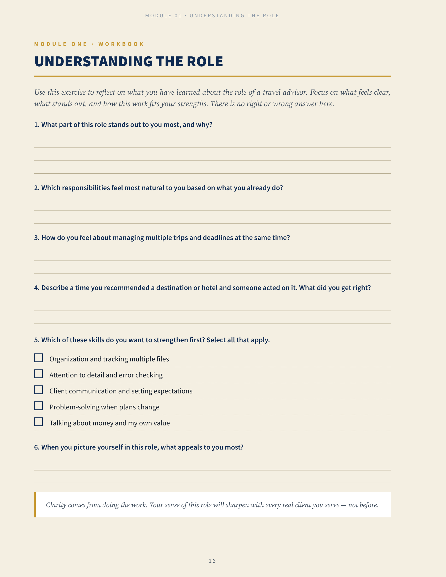 Travel Advisor Blueprint Workbook Exercise page