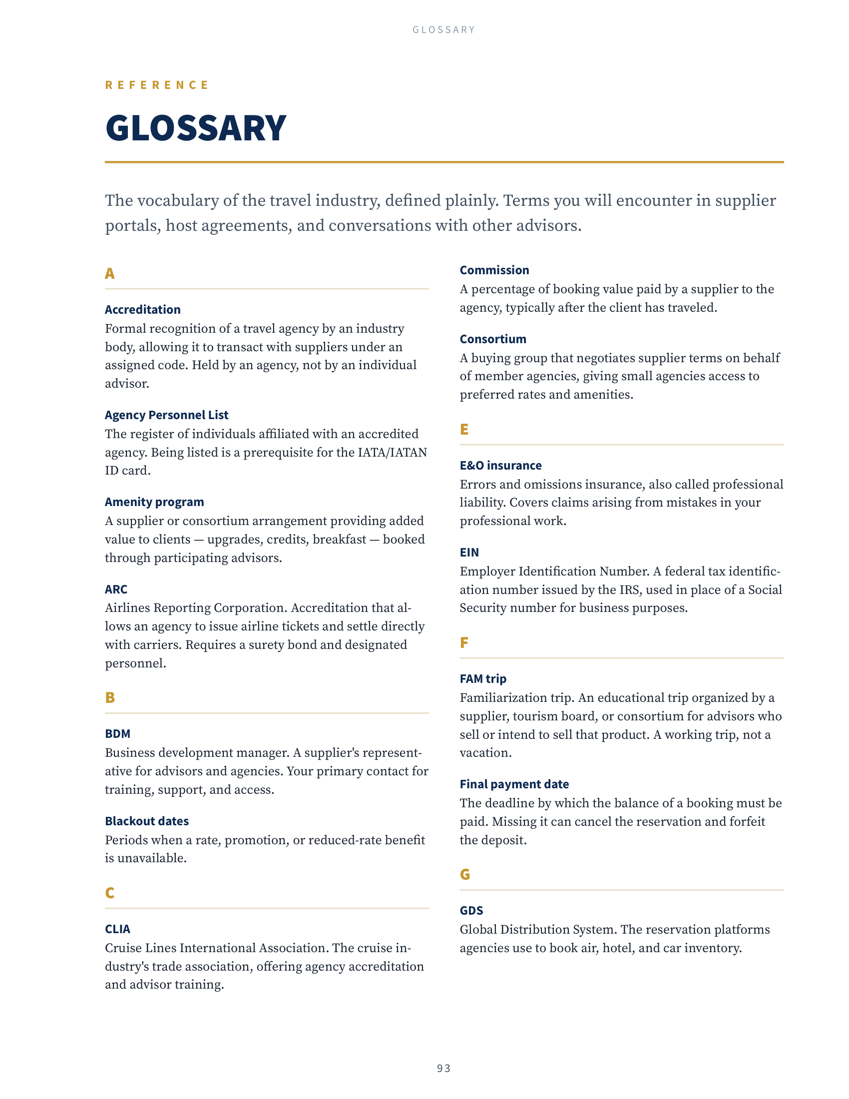 Travel Advisor Blueprint Glossary page