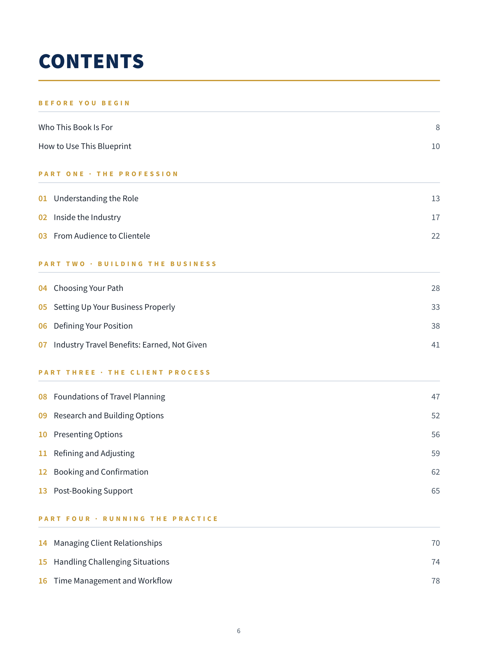 Travel Advisor Blueprint Contents page
