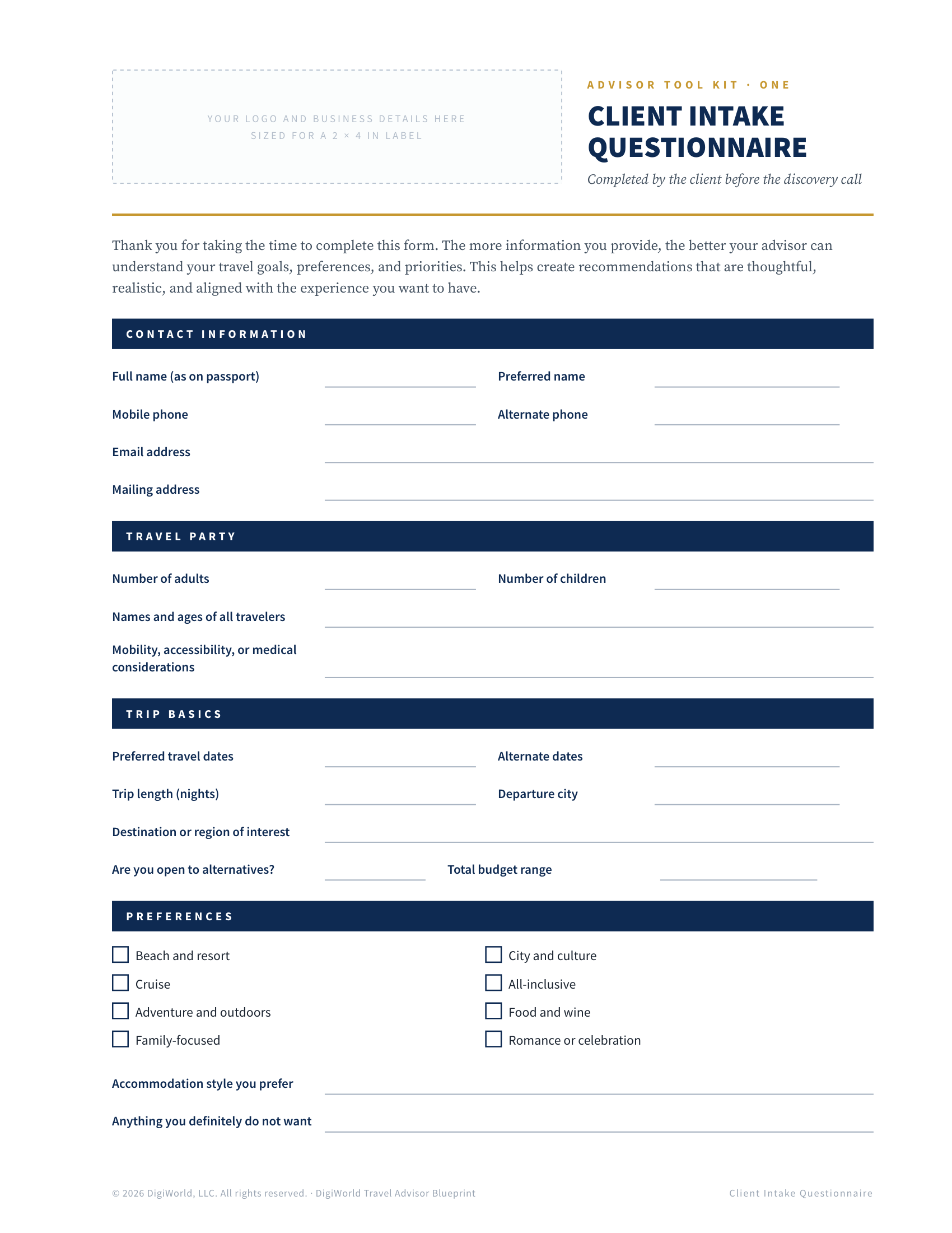 Travel Advisor Blueprint Advisor Tool Kit · One page