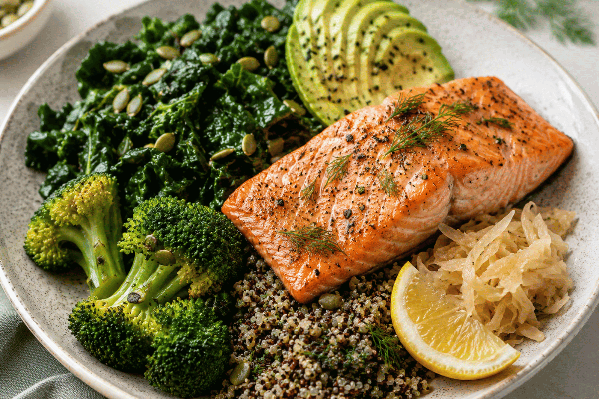 Gut-Friendly Salmon & Greens PlateQuick Preparation Gut-Friendly Salmon & Greens PlateQuick Preparation