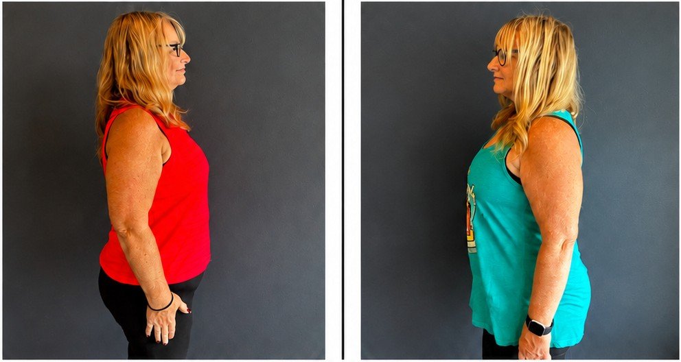 Melissa V. before and after transformation at Portion Fitness
