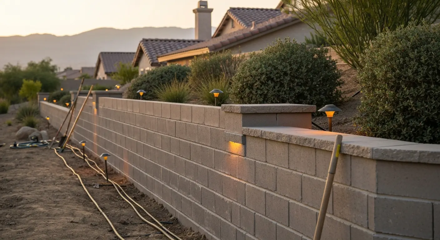 Hardscape with retaining wall and irrigation