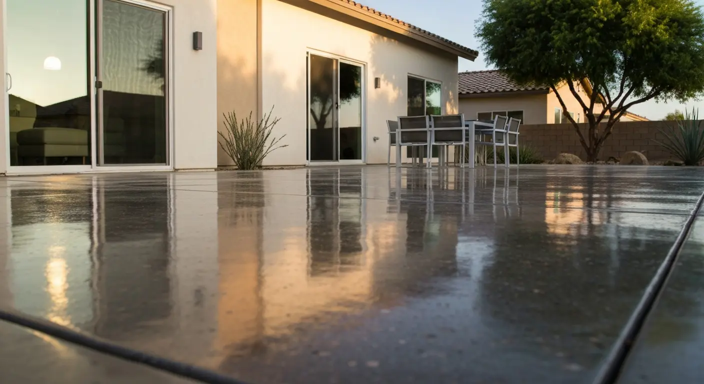 Polished concrete patio with glossy finish