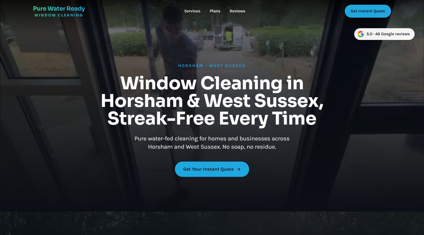 Pure Water Ready Window Cleaning website on desktop