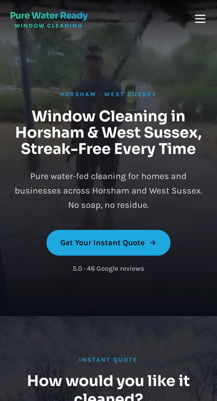 Pure Water Ready Window Cleaning website on mobile
