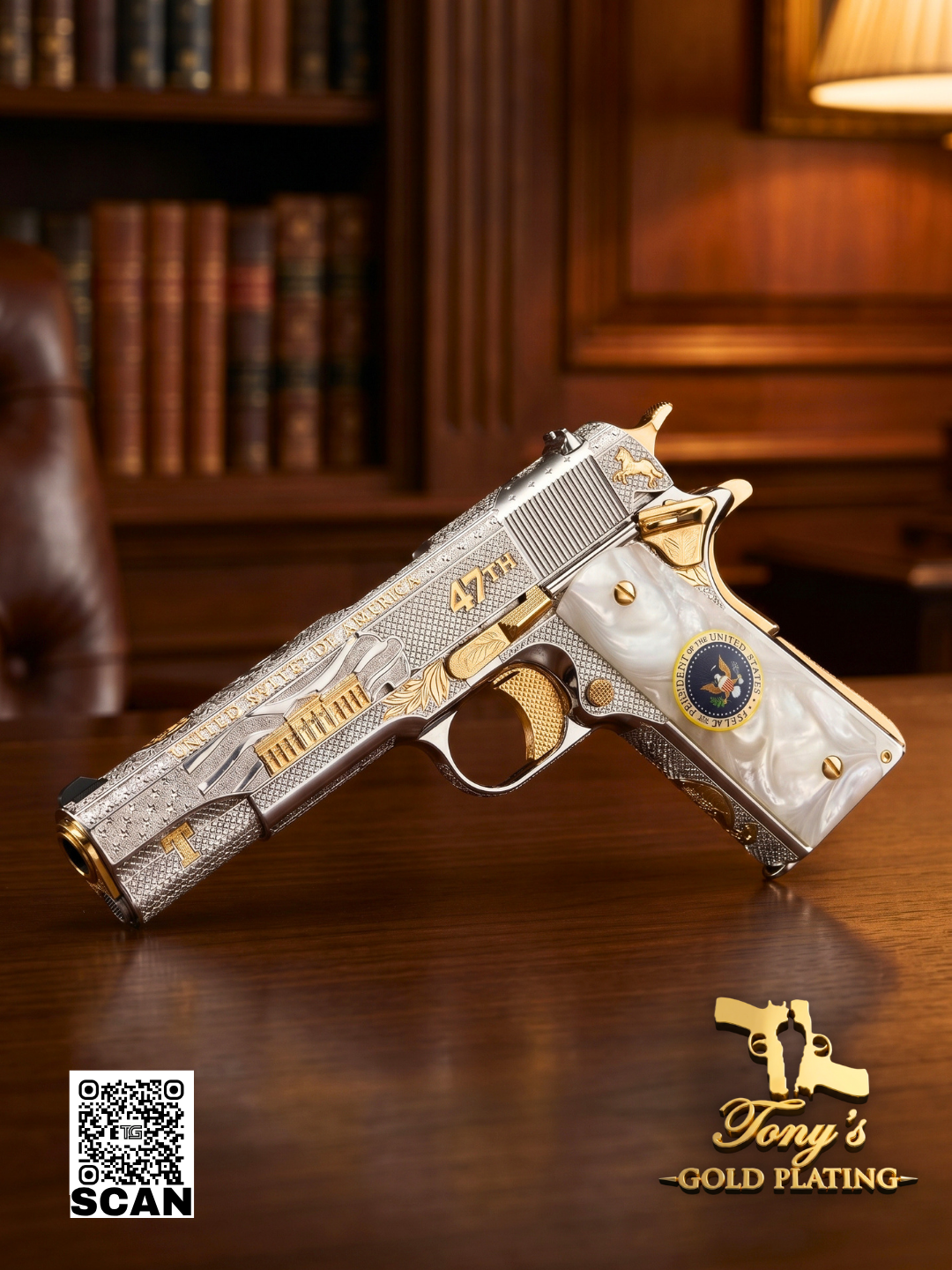 Finished custom 24k gold-plated, nickel-plated, or hand-engraved firearm by Tony's Gold Plating — commission photo 1