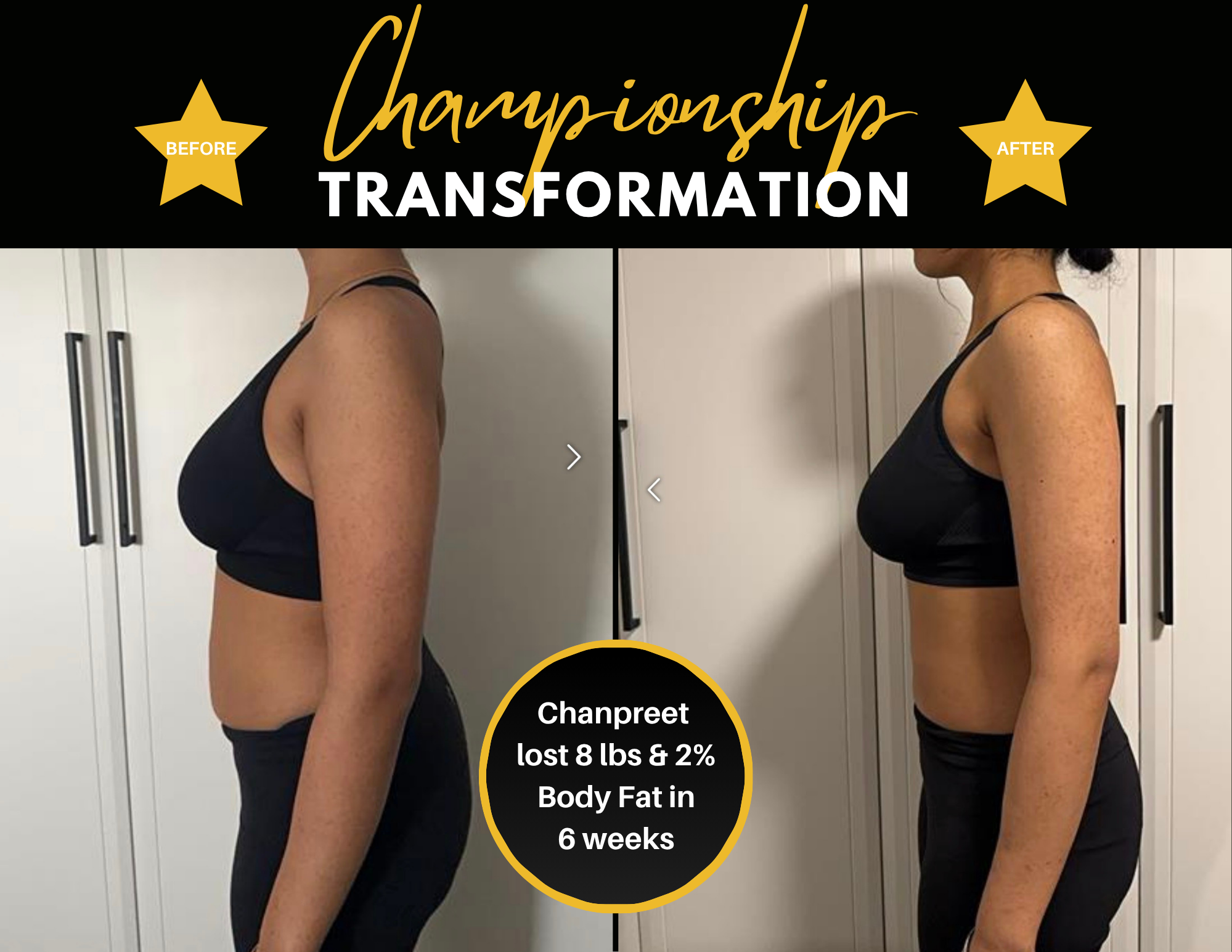 Side-by-side fitness transformation of nursing student Chanpreet Sandhu, showing weight loss progress from 154.6 lbs to 146.6 lbs with a visible reduction in body fat and a tighter waistline.