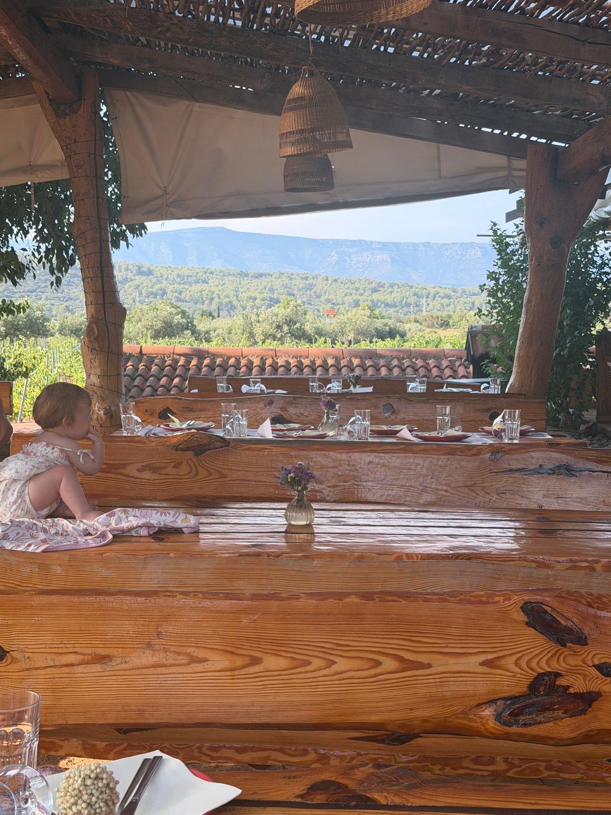 Long tables under a reed roof, looking out over the vineyards