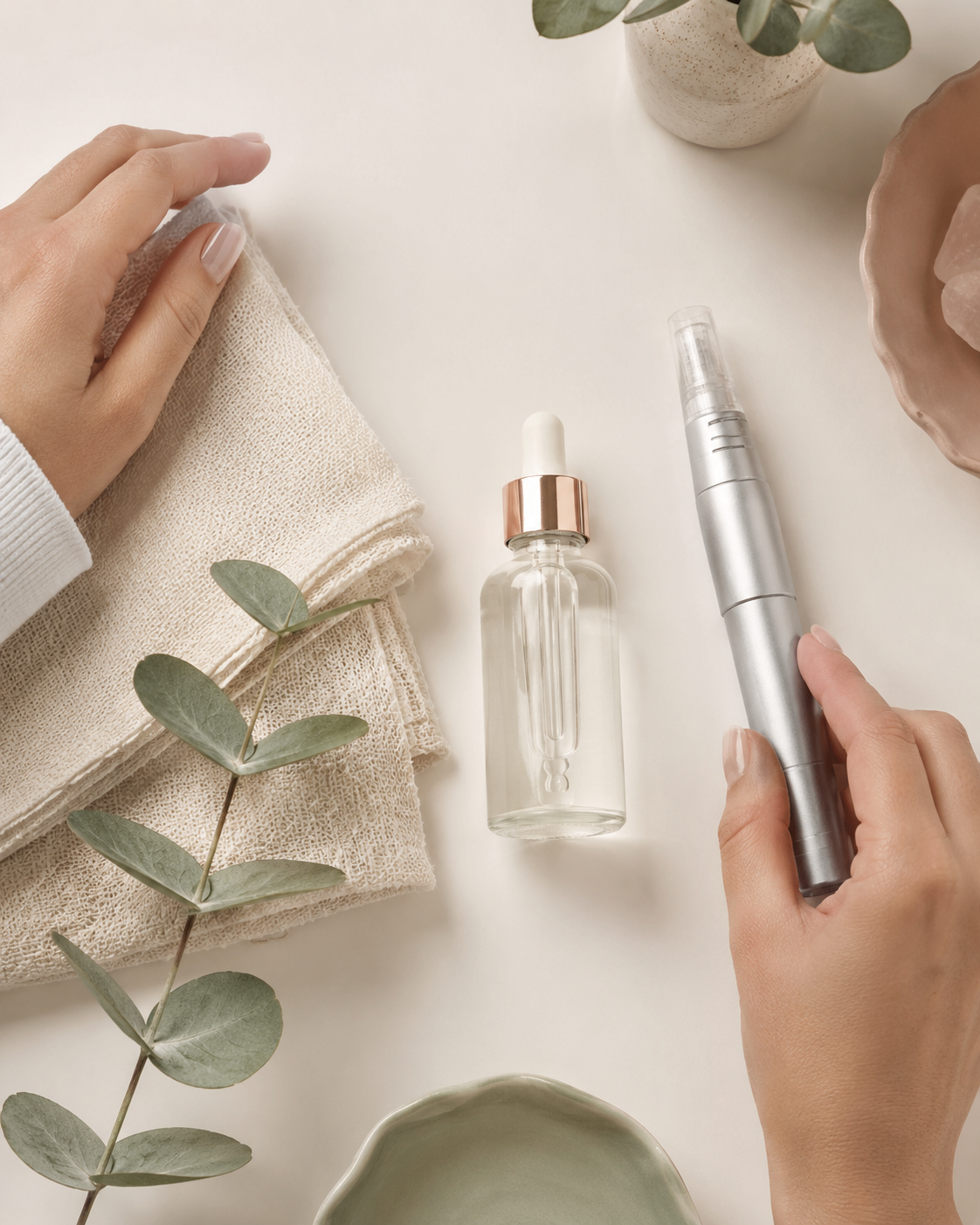 Skincare tools used for the BioRePeel and microneedling treatment