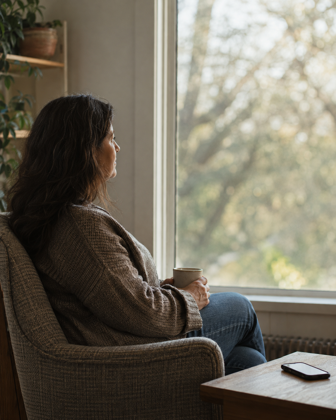 The Pause — woman by window, phone down
