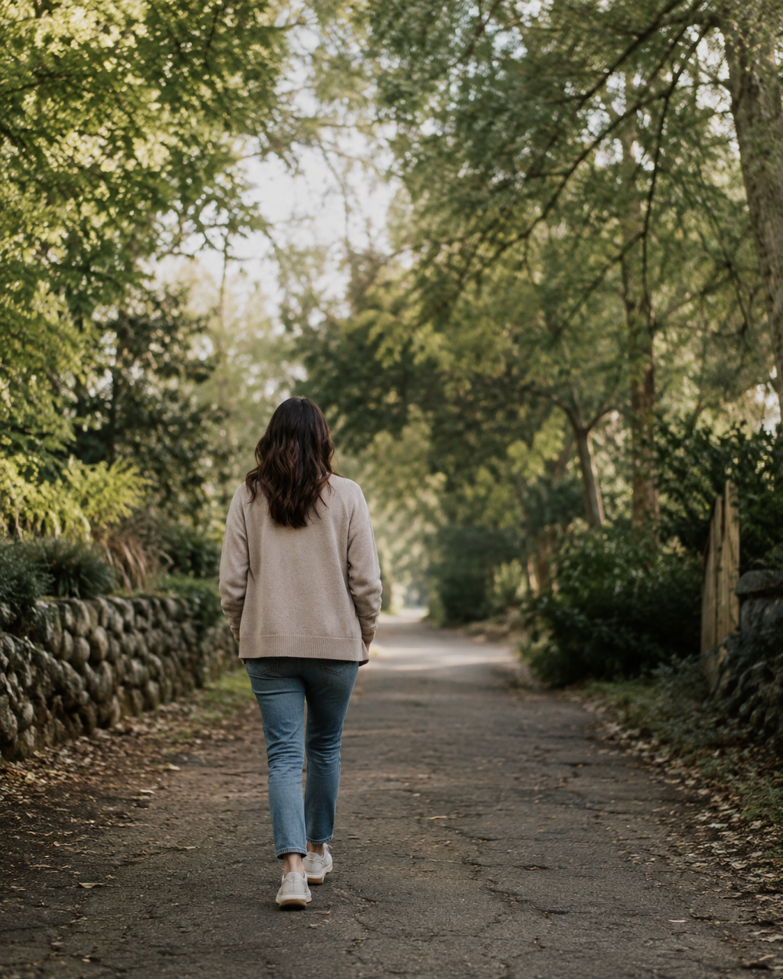 “You Are Allowed to Return” — woman walking away down path