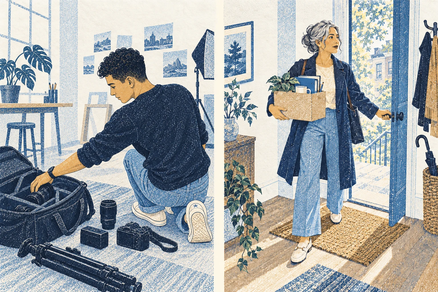 A freelance photographer crouches to pack a tripod and camera into a floor bag.
