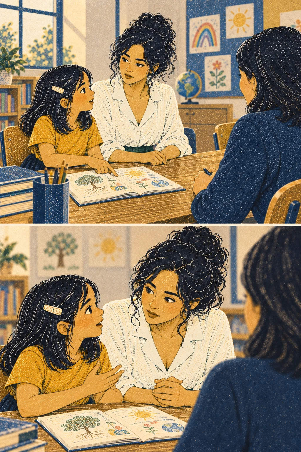 Child-height wide: daughter speaks beside Mara at an ordinary school meeting, teacher across table, workbook between them
