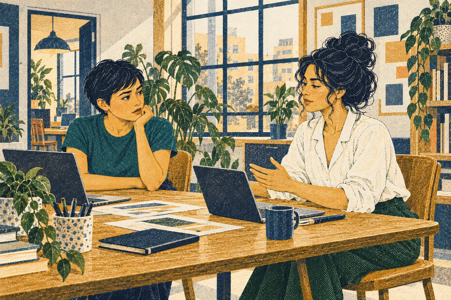 Balanced medium: Lina in teal listens cautiously across an office table to Mara, neither hugging nor smiling in immediate forgiveness, generous quiet space