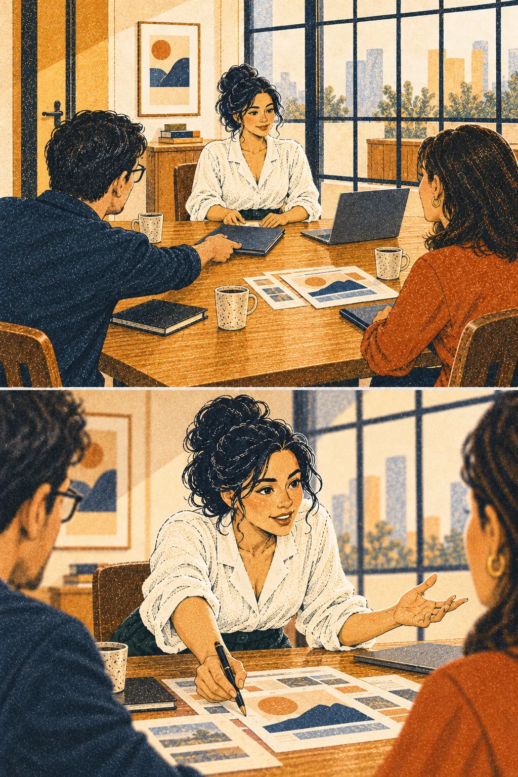 Wide: Mara sits across from two potential clients in an ordinary polished meeting room, proposal on table