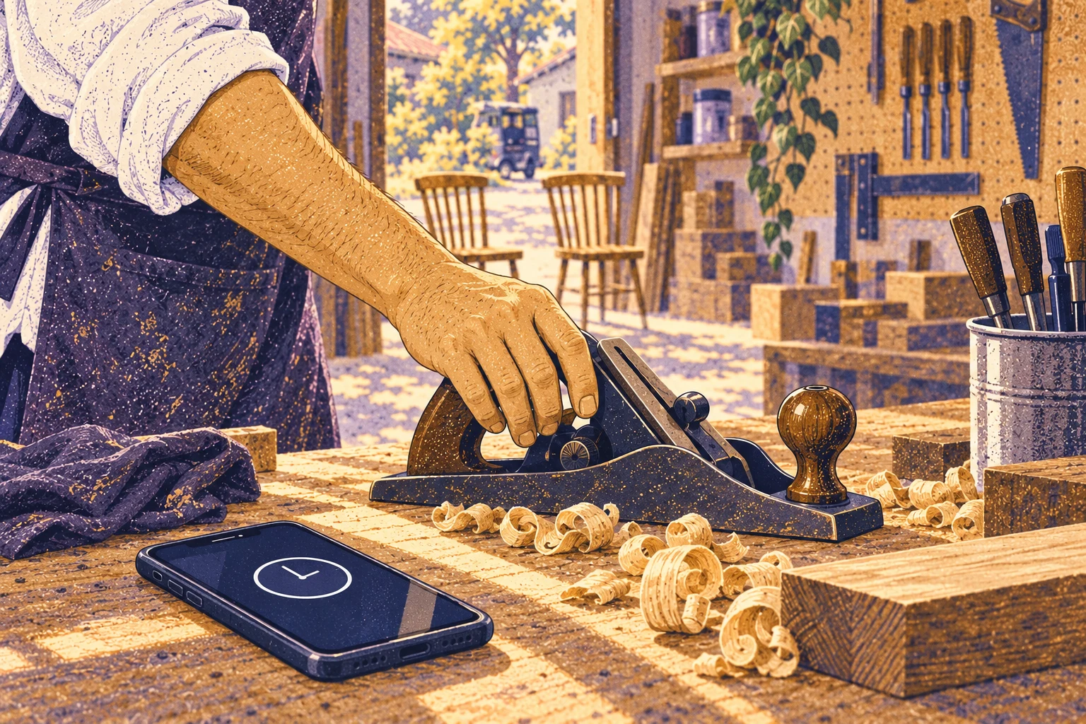 Eli releases the hand-plane when the pickup reminder appears.