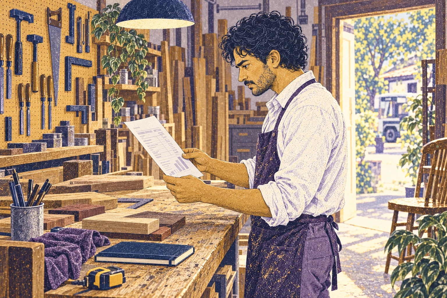 Eli reads material costs with both hands on the paper.