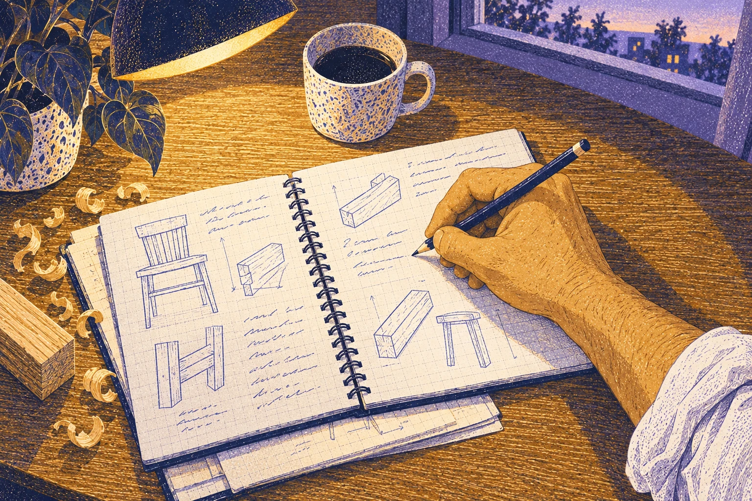 Eli fills another notebook page as night gives way to dawn.