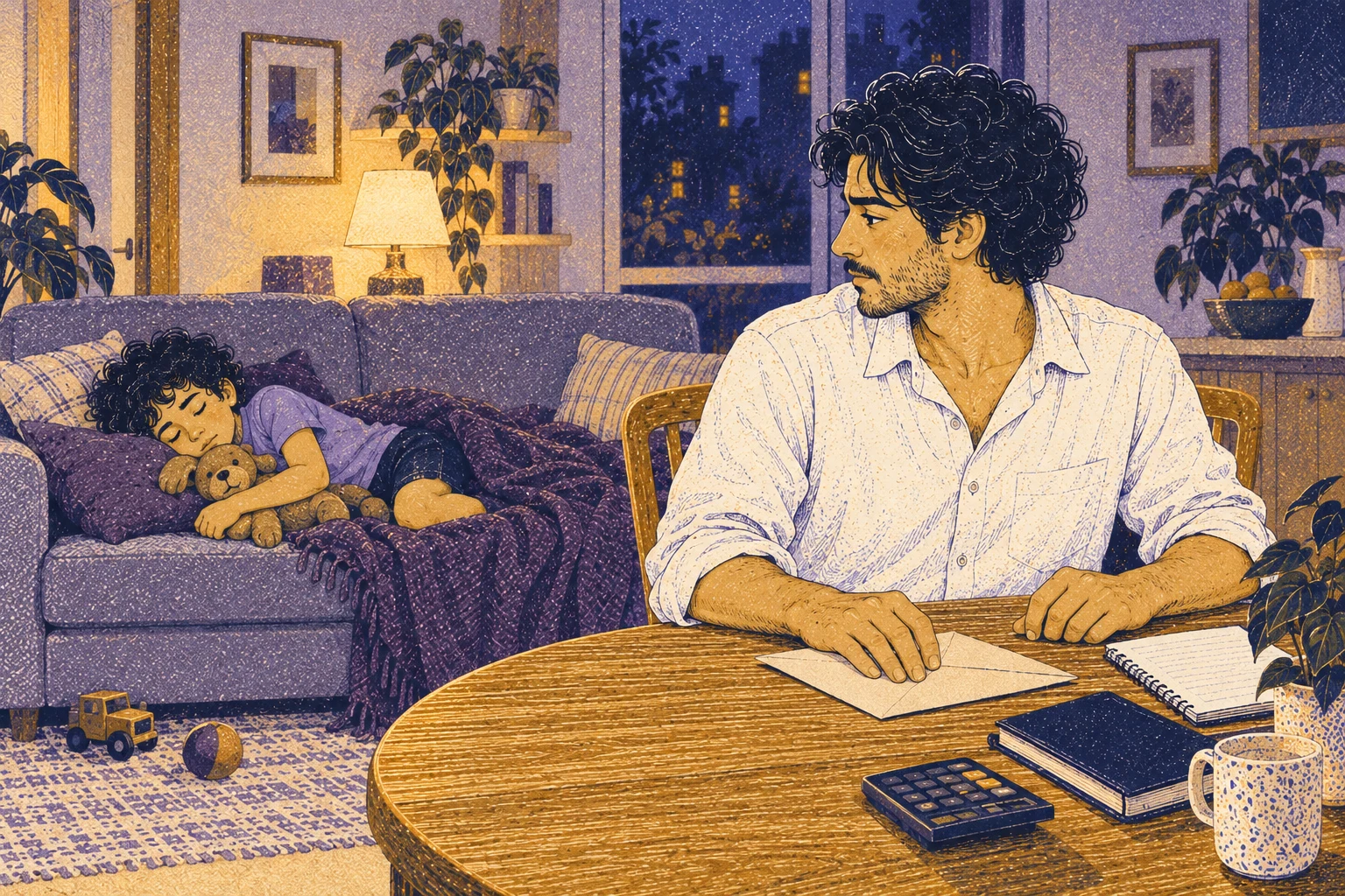 Eli pauses over his plans beside his sleeping child