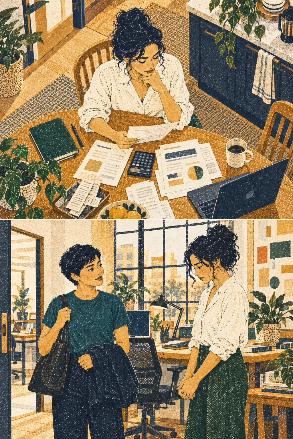 Medium: Mara apologizes to Lina beside empty workstation; Lina receives it with composure, packed bag in hand, still leaving