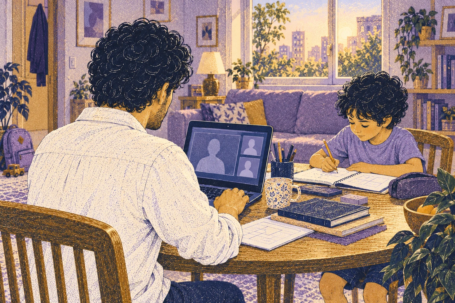 Eli attends a video call while his son studies across the table.